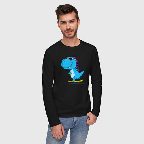 Мужской лонгслив Динозавр скейтбордист / Черный – фото 3