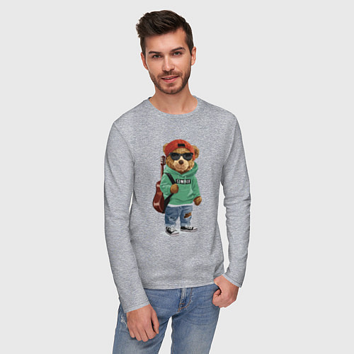 Мужской лонгслив Прикольный мишутка гитарист Cool teddy bear guitar / Меланж – фото 3