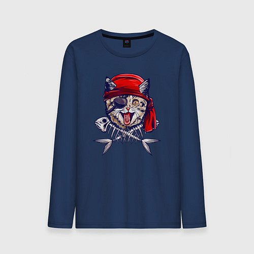 Мужской лонгслив Кот пират и рыбьи кости / Тёмно-синий – фото 1