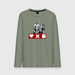 Лонгслив хлопковый мужской Love death and robots белый робот с котом, цвет: авокадо