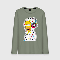 Лонгслив хлопковый мужской Гомер Симпсон в звёздном балахоне и в наушниках, цвет: авокадо