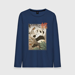Лонгслив хлопковый мужской Панда и бабочка - Японская гравюра Укиё Э, цвет: тёмно-синий