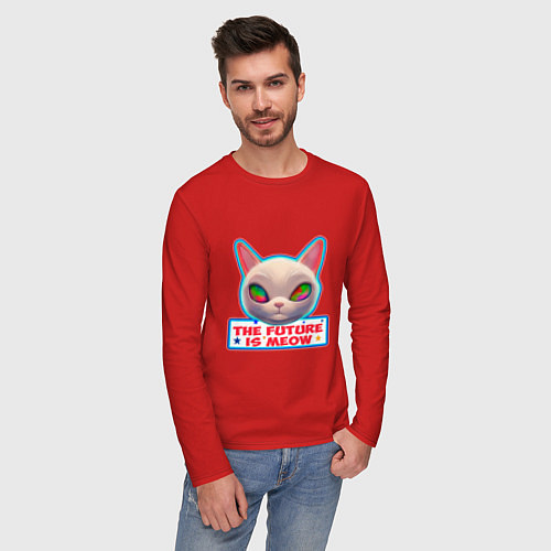 Мужской лонгслив Будущее это мяу / Красный – фото 3