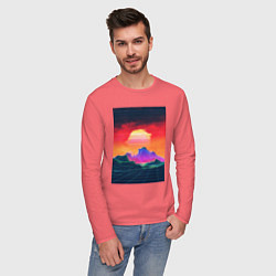 Лонгслив хлопковый мужской Синтвейв горы на закате, цвет: коралловый — фото 2