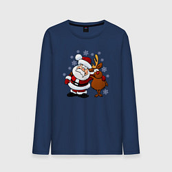 Лонгслив хлопковый мужской Санта и олень, цвет: тёмно-синий