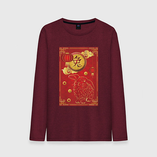 Мужской лонгслив Китайский иероглиф и золотой кролик на красном / Меланж-бордовый – фото 1