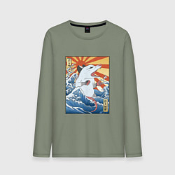 Лонгслив хлопковый мужской Гравюра японский опоссум в стиле укиё-э, цвет: авокадо
