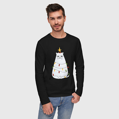 Мужской лонгслив Кот-ёлка / Черный – фото 3