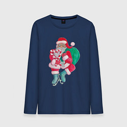 Лонгслив хлопковый мужской Санта Клаус с мешком подарков на коньках, цвет: тёмно-синий
