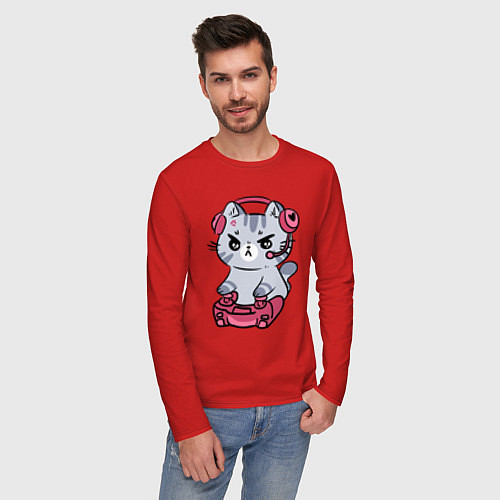 Мужской лонгслив Котёнок заядлый игроман / Красный – фото 3