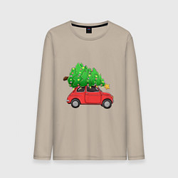 Лонгслив хлопковый мужской Новогодняя машина с праздничной елкой, цвет: миндальный