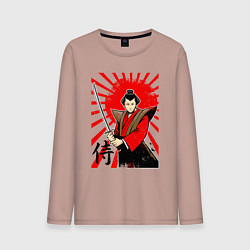 Мужской лонгслив Самурай с мечом на фоне флага