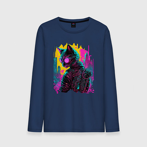 Мужской лонгслив Киберпанк кот в очках / Тёмно-синий – фото 1