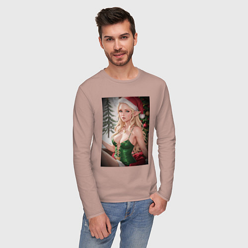 Мужской лонгслив Новогодняя эльфийка / Пыльно-розовый – фото 3
