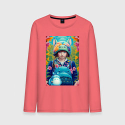 Лонгслив хлопковый мужской Girl with Totoro - fantasy - neural network, цвет: коралловый