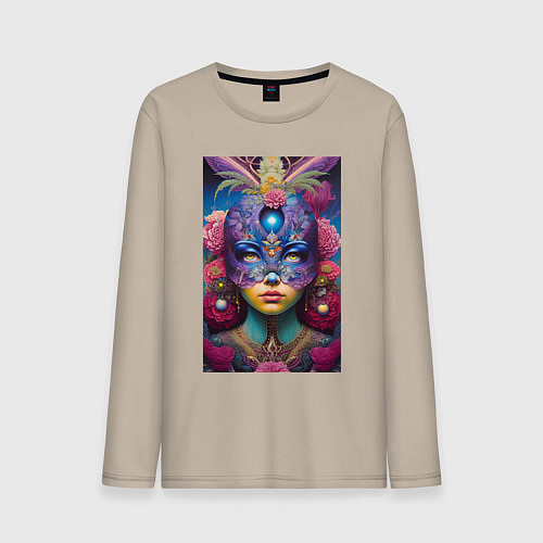 Мужской лонгслив Девушка в маскарадной маске - нейросеть / Миндальный – фото 1