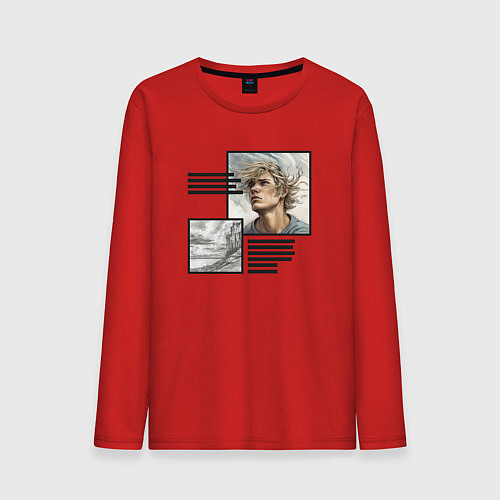 Мужской лонгслив Растрепанный парень и скала / Красный – фото 1