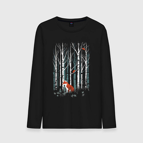 Мужской лонгслив Рыжая лиса в березовом лесу / Черный – фото 1