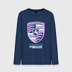 Лонгслив хлопковый мужской Значок Porsche в стиле glitch, цвет: тёмно-синий