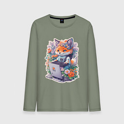 Лонгслив хлопковый мужской Лиса геймер за компьютером, цвет: авокадо