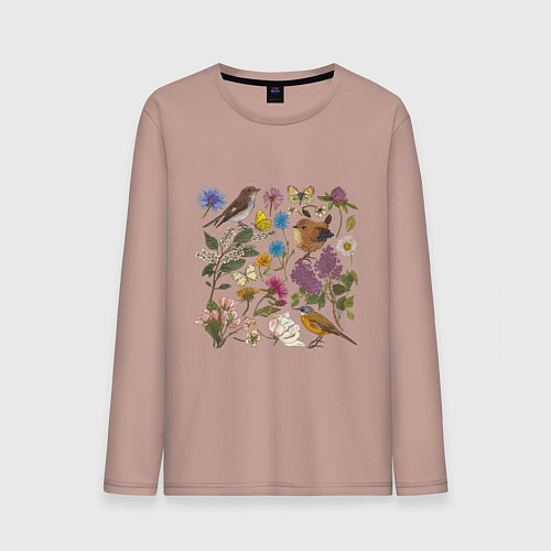 Мужской лонгслив Цветение и птички / Пыльно-розовый – фото 1