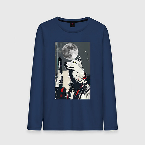 Мужской лонгслив Волк на фоне луны - мегаполис - нейросеть / Тёмно-синий – фото 1