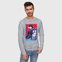 Лонгслив хлопковый мужской Девочка со своим другом волком - аниме, цвет: меланж — фото 2
