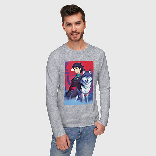 Мужской лонгслив Девочка со своим другом волком - аниме / Меланж – фото 3