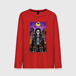 Лонгслив хлопковый мужской Хэллоуин в мегаполисе - модный скелет, цвет: красный