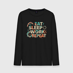 Лонгслив хлопковый мужской Eat sleep work repeat, цвет: черный
