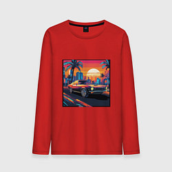 Лонгслив хлопковый мужской Ретро машина и футуристический город на закате, цвет: красный