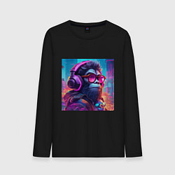 Лонгслив хлопковый мужской Обезьяна в наушниках и очках, цвет: черный