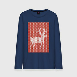 Лонгслив хлопковый мужской Новогодний олень орнамент вязанный свитер, цвет: тёмно-синий