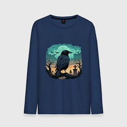 Лонгслив хлопковый мужской Черный ворон на кладбище, цвет: тёмно-синий