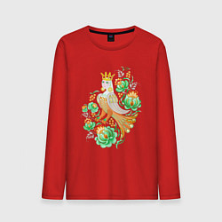 Лонгслив хлопковый мужской Птица Сирин среди русского орнамента, цвет: красный