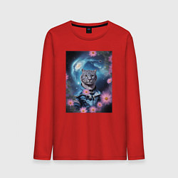 Лонгслив хлопковый мужской Тигр в костюме и галактика с цветами, цвет: красный