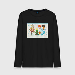 Лонгслив хлопковый мужской Снеговик и заяц, цвет: черный