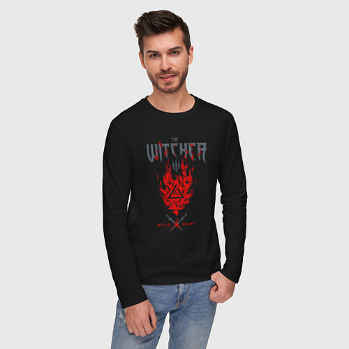 Мужской лонгслив Ведьмак - знак Игни / Черный – фото 3