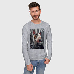 Лонгслив хлопковый мужской Dude bull terrier in New York - ai art, цвет: меланж — фото 2