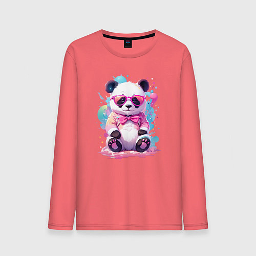 Мужской лонгслив Милая панда в розовых очках и бантике / Коралловый – фото 1