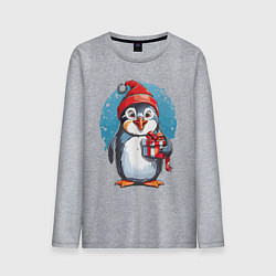 Лонгслив хлопковый мужской Пингвин с новогодним подарком, цвет: меланж