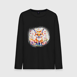 Лонгслив хлопковый мужской Милый большеухий лисенок сидит в цветах, цвет: черный