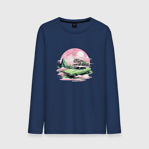 Мужской лонгслив Ретро автомобиль на розовом закате / Тёмно-синий – фото 1