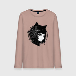 Лонгслив хлопковый мужской Девочка кошка - киберпанк, цвет: пыльно-розовый