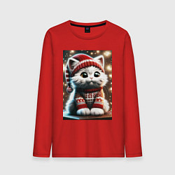 Лонгслив хлопковый мужской Котик в новогоднем свитере, цвет: красный