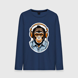 Лонгслив хлопковый мужской Портрет обезьяны в наушниках, цвет: тёмно-синий