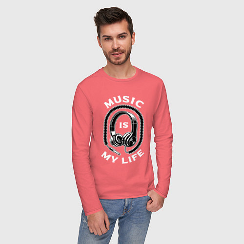Мужской лонгслив Музыка is my life / Коралловый – фото 3