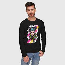 Лонгслив хлопковый мужской Портрет девушки Cyberpunk 2077, цвет: черный — фото 2