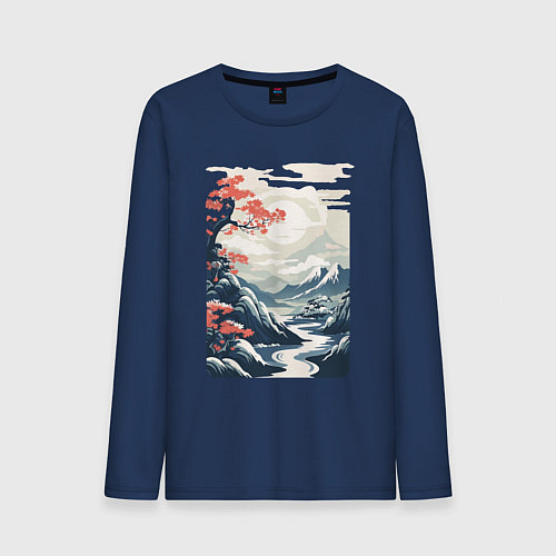 Мужской лонгслив Горный пейзаж в японском стиле / Тёмно-синий – фото 1