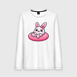 Лонгслив хлопковый мужской Смешной розовый кролик в надувном круге, цвет: белый